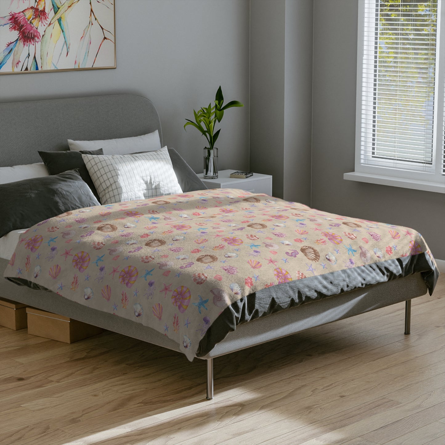Coastal Seashell Design Velveteen Microfiber Blanket